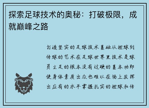 探索足球技术的奥秘：打破极限，成就巅峰之路