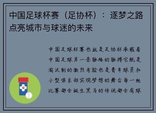 中国足球杯赛（足协杯）：逐梦之路点亮城市与球迷的未来